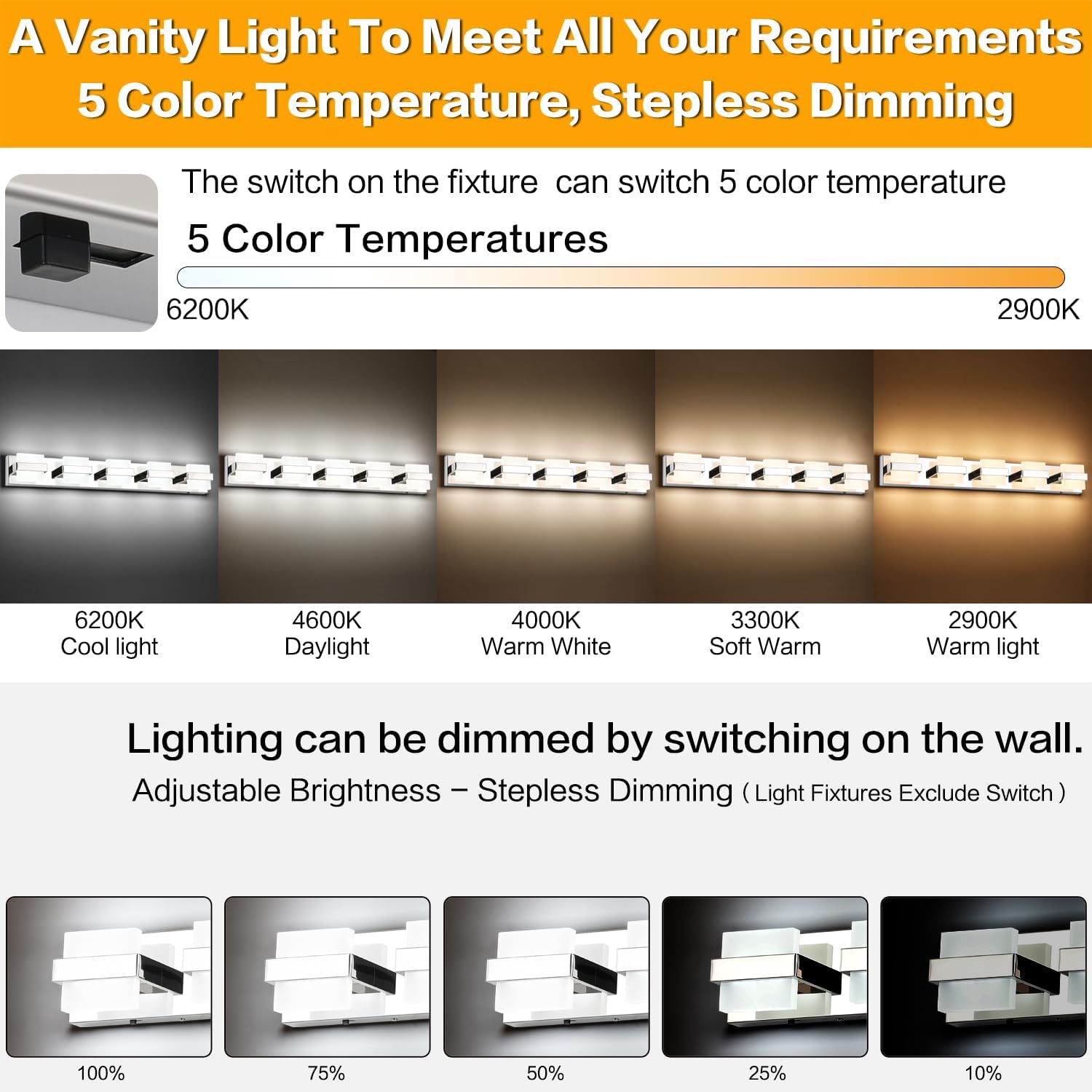 SOLFART Adjustable 5 Lights Black Bathroom Lighting Bathroom Light Fixtures Over Mirror Modern LED Vanity Light 34 inch 5 Color Dimmable 5CCT