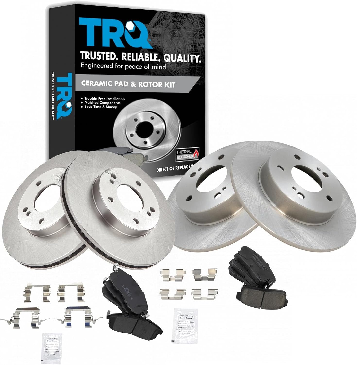 TRQ Front and Rear Brake Pad and Rotor Set Ceramic Vented Solid Rotors Compatible with 2001 Nissan Maxima 2001 Infiniti I30