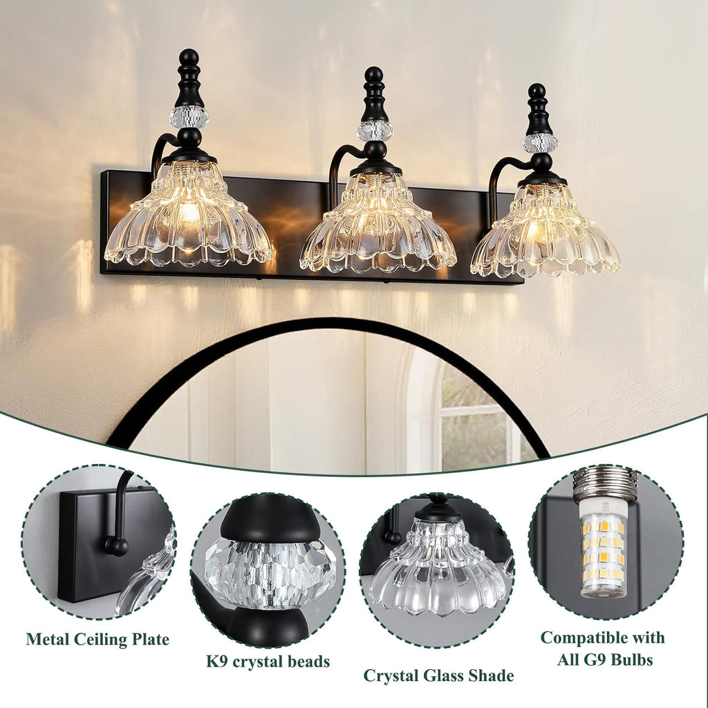 Vintage Bathroom Vanity Light, 3-Light Black Vanity Lighting Fixture with Flower Glass Shade, Bathroom Lighting Fixtures Over Mirror
