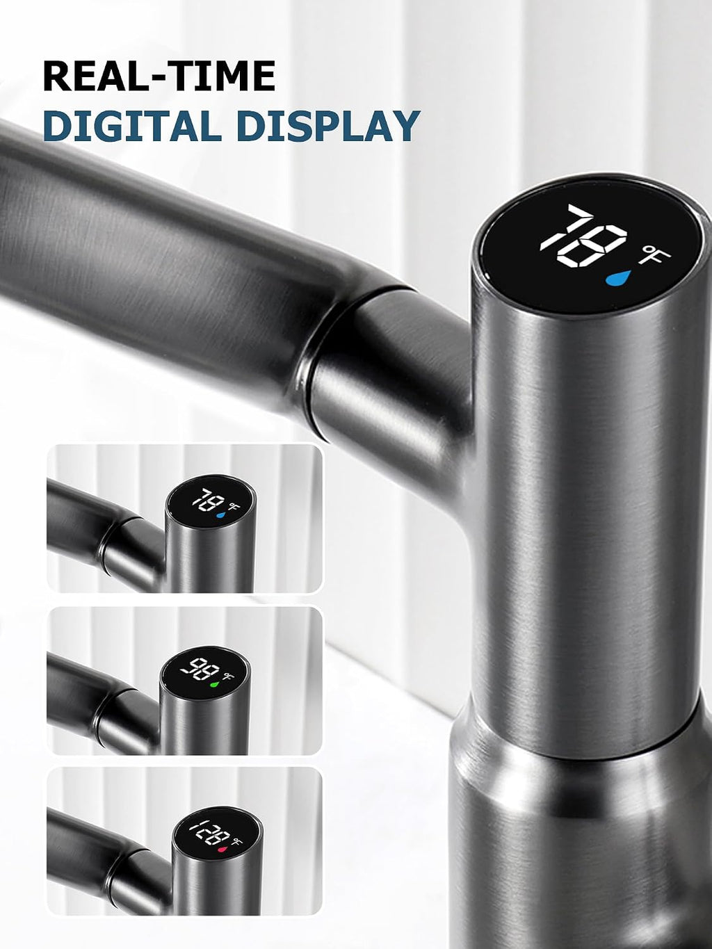 Lefton Rotatable Bathroom Faucet with Temperature Display in Fahrenheit (Batteries-Free), 3 Water Modes, Dark Grey, BF2204-2