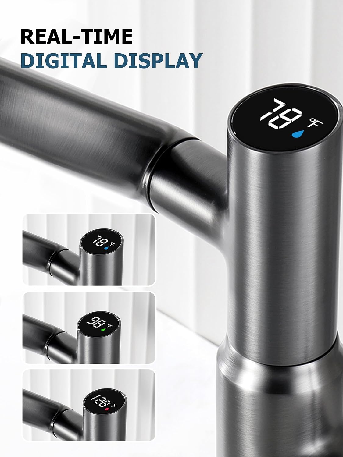 Lefton Rotatable Bathroom Faucet with Temperature Display in Fahrenheit (Batteries-Free), 3 Water Modes, Dark Grey, BF2204-2