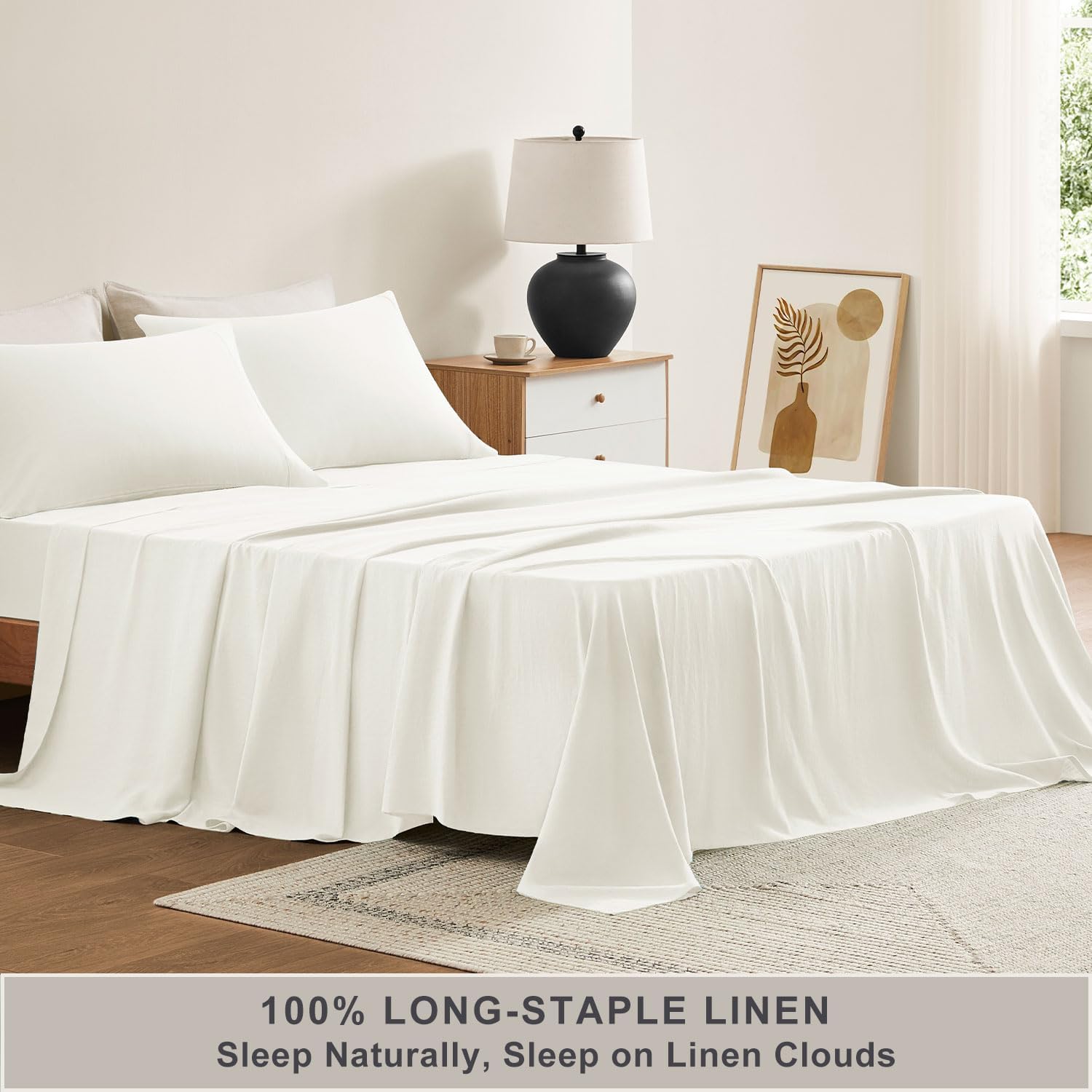 TOSMO Pure Linen Sheets Set, 100% French Natural Linen Flax Bedding 4pc Set (1 Flat Sheet, 1 Fitted Sheet, 1 Pillowcase) - Cream White, Queen