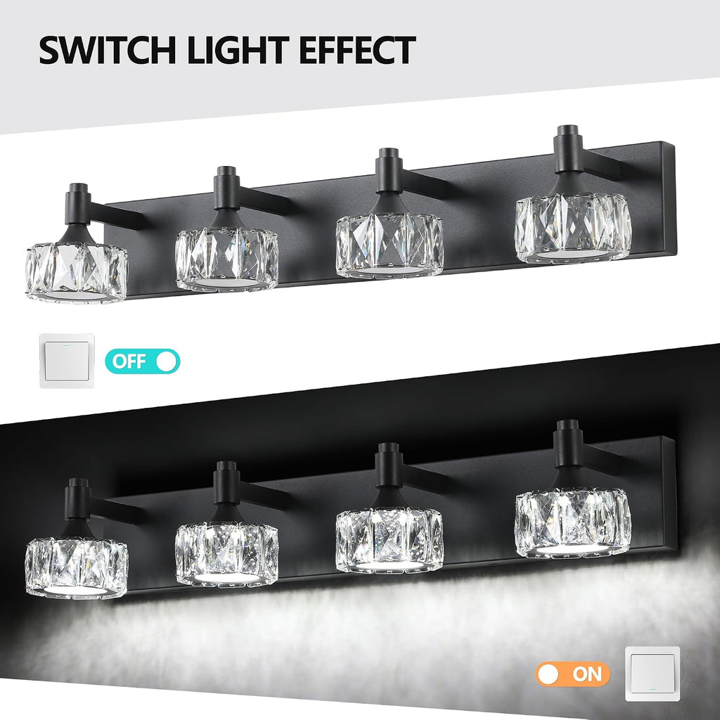 Modern 4-Light LED Vanity Light Dimmable with Faceted Crystal Shades 27.6 Inch Bathroom Lighting Fixture Matte Black and Brushed Gold Finish