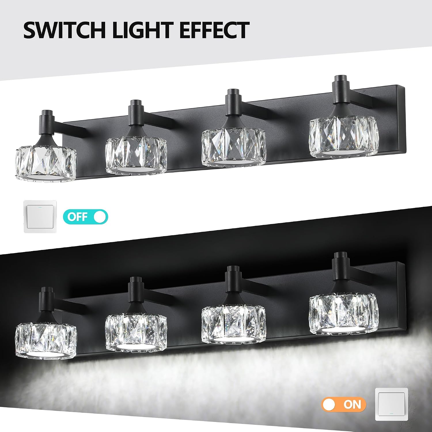 Modern 4-Light LED Vanity Light Dimmable with Faceted Crystal Shades 27.6 Inch Bathroom Lighting Fixture Matte Black and Brushed Gold Finish