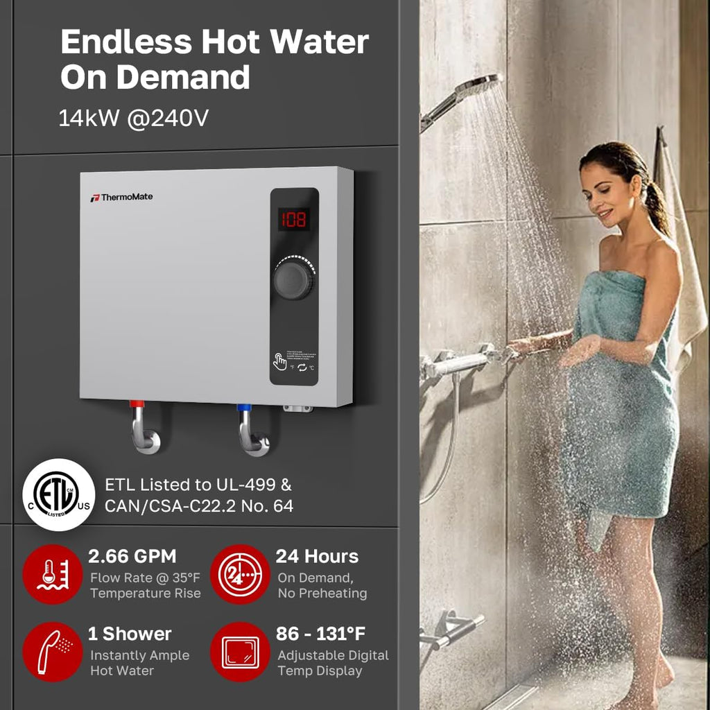 Tankless Water Heater Electric, ThermoMate 14kW 240 Volt On Demand Instant Hot Water Heater for 1-2 Fixtures, Max 3.4 GPM Self-Modulating, ETL Certified for Residential Indoor