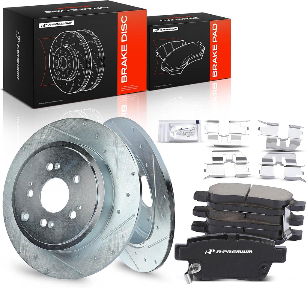 A-Premium 13.15 inch (334mm) Rear Drilled and Slotted Disc Brake Rotors + Ceramic Pads Kit Compatible with Select Honda Models - Ridgeline 2006 2007 2008 2009 2010 2011 2012 2013 2014, 6-PC Set