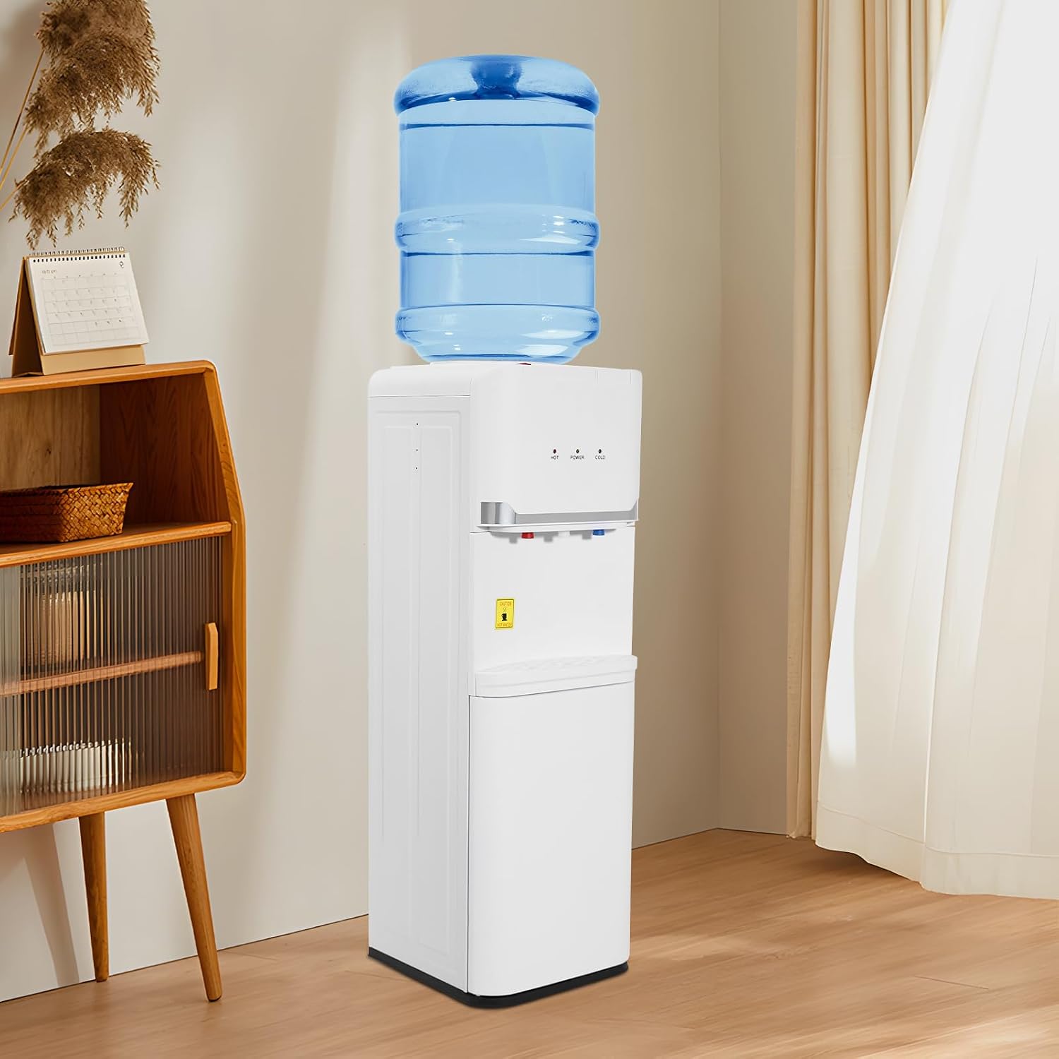 Top Loading Water Cooler Water Dispenser with 3-Temp Hot/Cold/Warm with Child Safety Lock Durable PP Body, Anti-Dry Burn & Energy-Saving Switches for Home Office, White