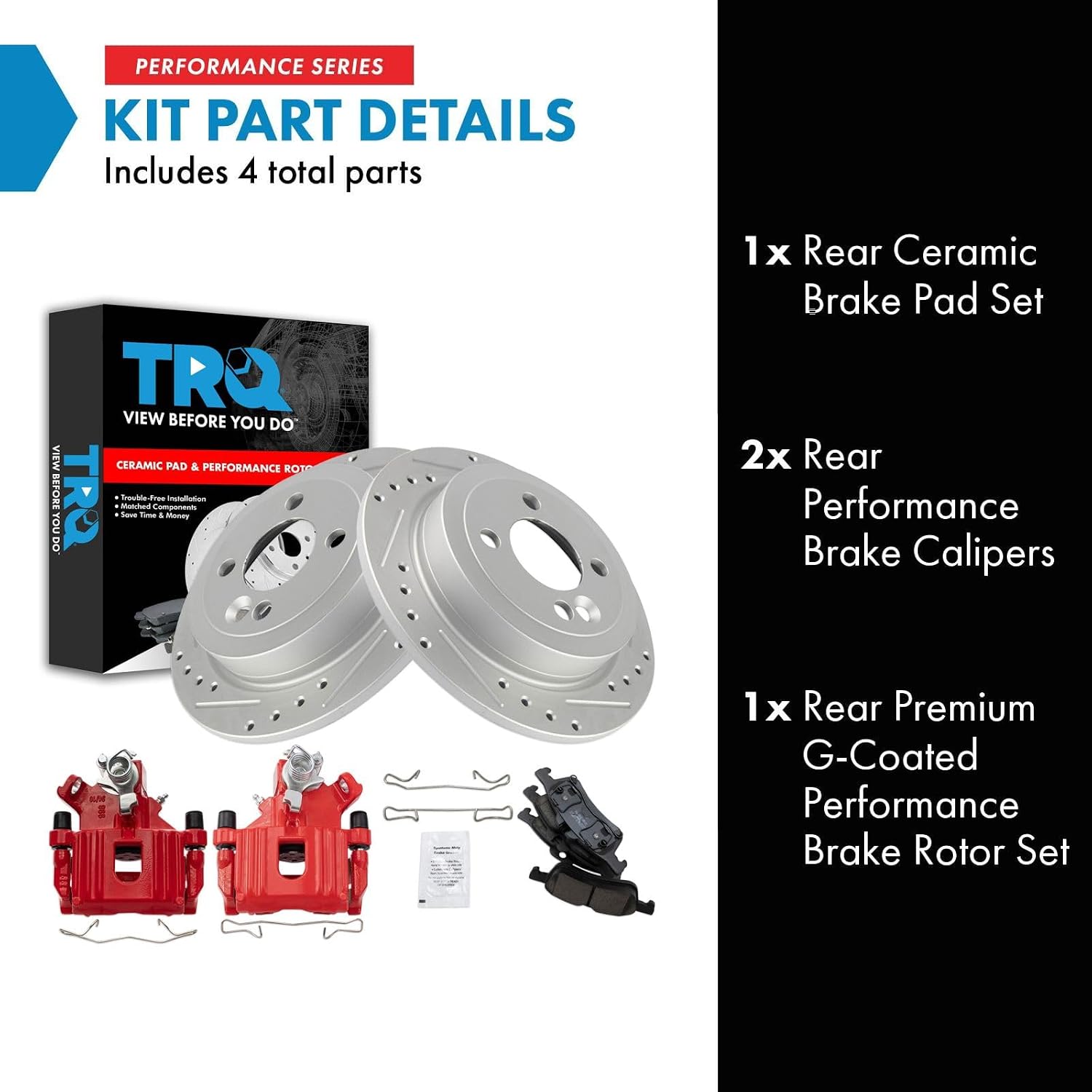 TRQ Performance Rear Brake Pad and Rotor Set Ceramic Slotted Drilled Coated Rotors Calipers Red Compatible with 2007-2008 Mini Cooper