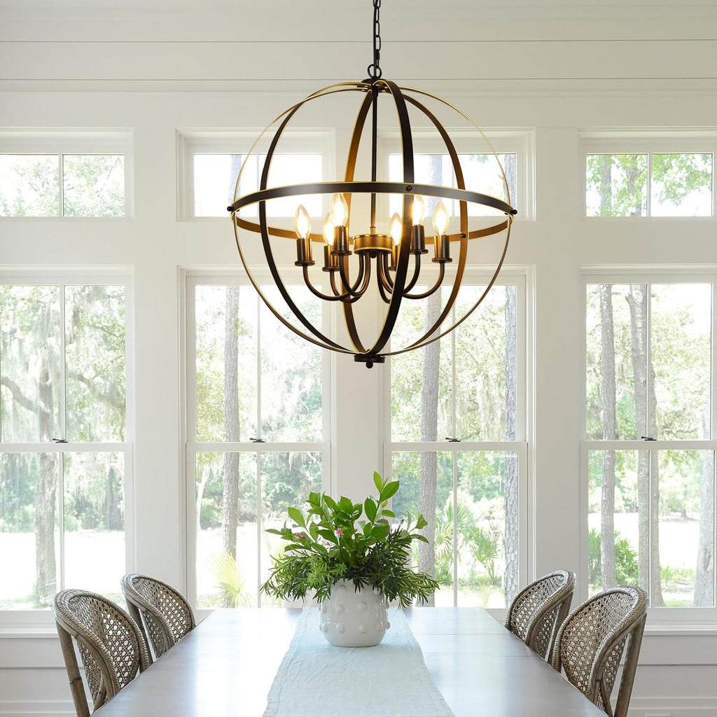 DLLT 6-Light Orb Chandelier, Black and Gold Globe Pendant Lights, Industrial Sphere Pendant Lighting Over Island, Adjustable Hanging Light with Metal Cage for Dining Room Foyer, E12 Bulbs Not Included
