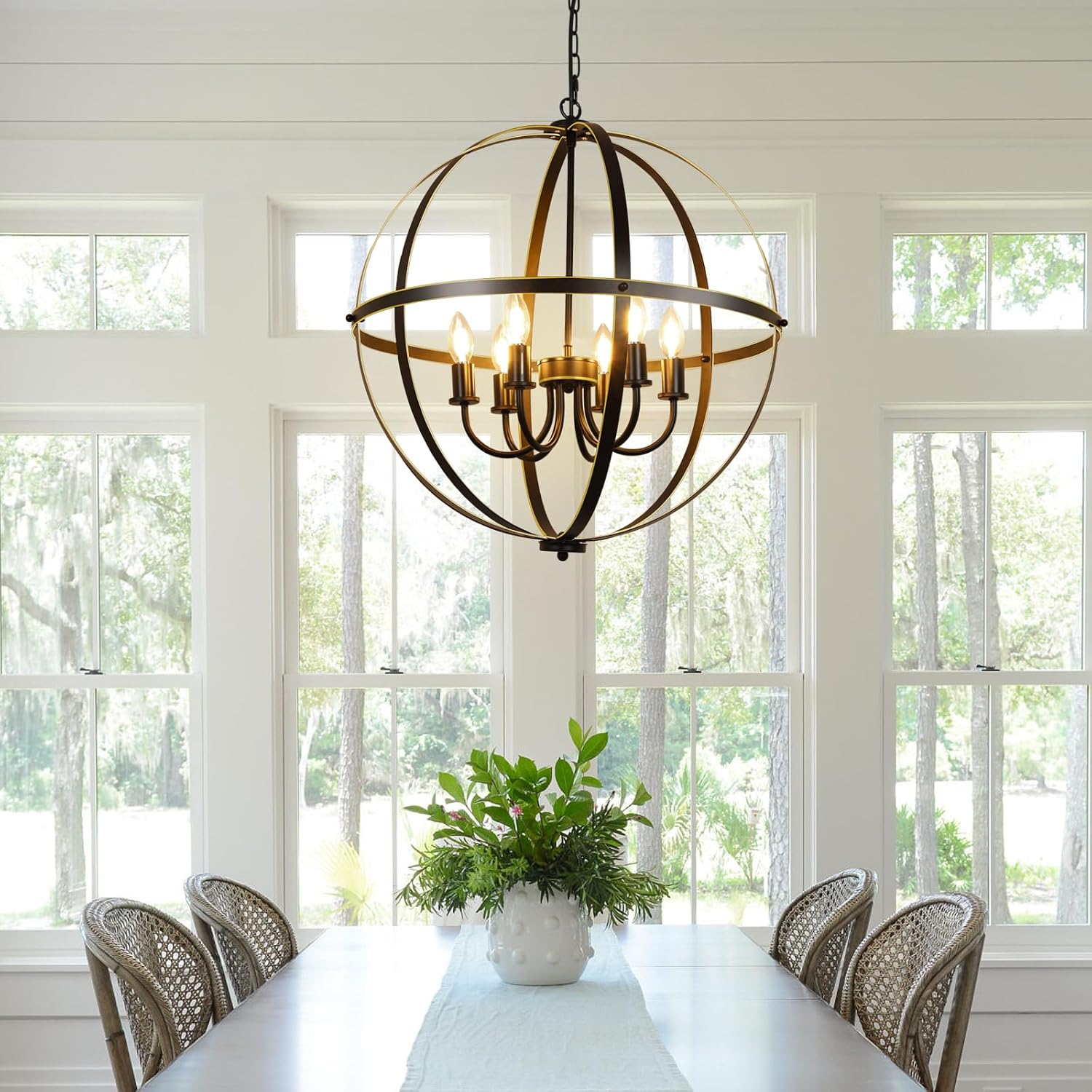 DLLT 6-Light Orb Chandelier, Black and Gold Globe Pendant Lights, Industrial Sphere Pendant Lighting Over Island, Adjustable Hanging Light with Metal Cage for Dining Room Foyer, E12 Bulbs Not Included