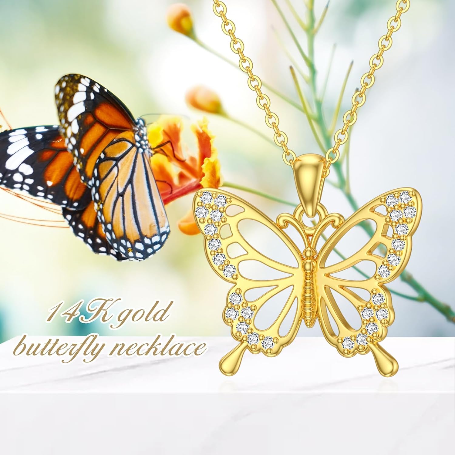 DOVRAN Real Solid Gold Birthstone Butterfly/Dragonfly/Bee/Hummingbird Necklace for Women Yellow Gold Animal Pendant for Christmas Dainty Jewelry Birthday Gifts for Mom Wife