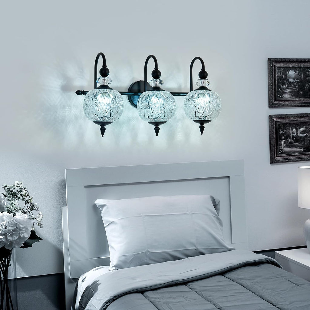 Piepooye Vintage Bathroom Light Fixtures Black Vanity Light with Glass Globe LampShade 3 Lights Mid Century G9 Bulb Wall Sconce Indoor Vanity Light Over Mirror for Kitchen Bedroom Farmhouse