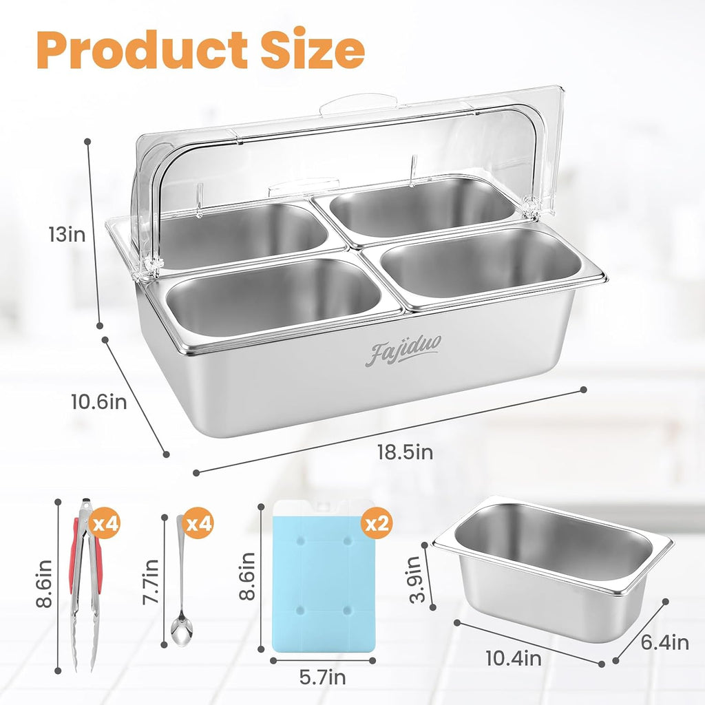 Countertop Ice Food Serving Display Container, Spice Display Salad Dressing Cooler, Stainless Steel Food Serving Tray Buffet Condiment Dispenser with Clear Roll Top Cover, Clamps, Spoons, Ice Packs