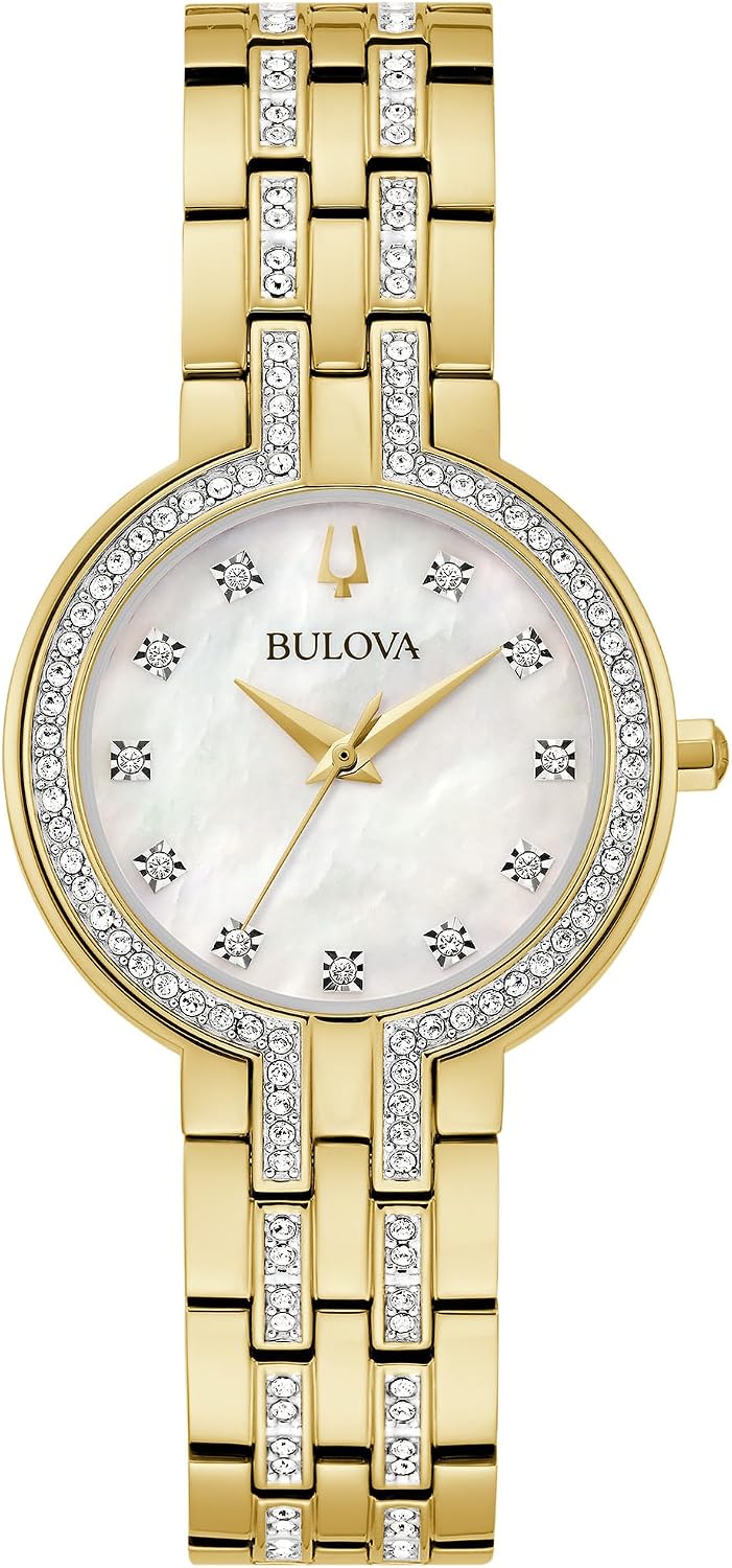 Bulova-Ladies' Crystal Gold-Tone Stainless Steel Box Set with White Mother-of-Pearl Dial 3-Hand Quartz-Watch and MOP Crystal Accent Hearts Pendant-Necklace, 30mm Style:98X138