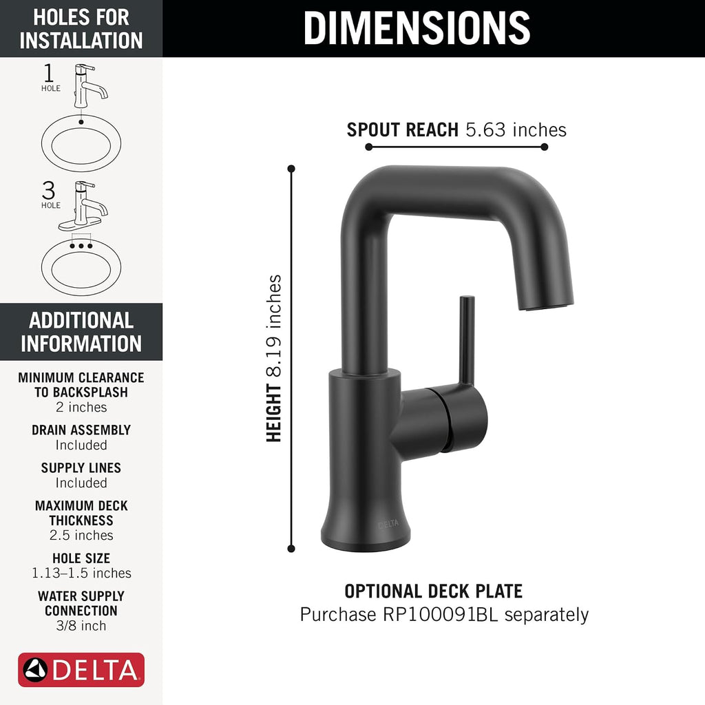 Delta Trinsic U-Spout 1-Hole Bathroom Faucet, Matte Black Single Hole Bathroom Sink Faucet, Metal Push-Pop Drain Assembly, Matte Black 554HAR-BL-DST