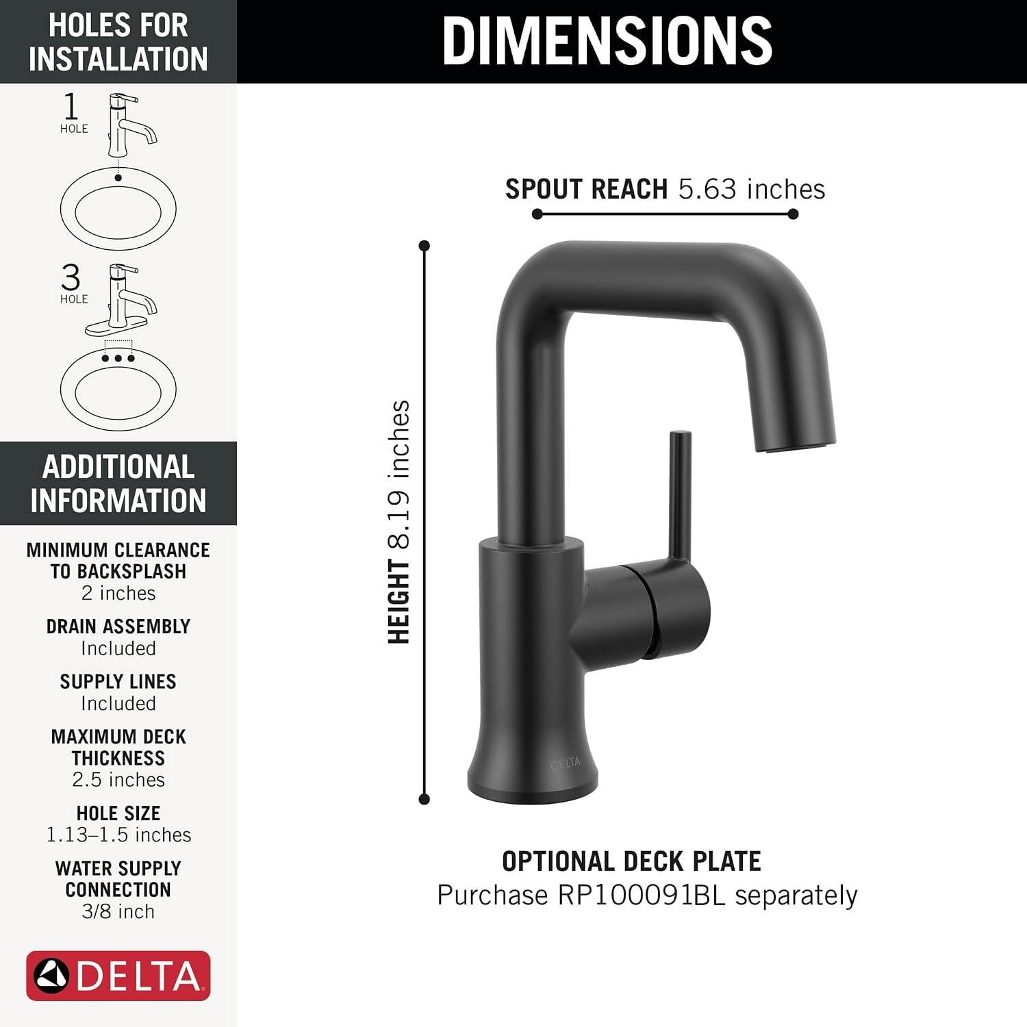 Delta Trinsic U-Spout 1-Hole Bathroom Faucet, Matte Black Single Hole Bathroom Sink Faucet, Metal Push-Pop Drain Assembly, Matte Black 554HAR-BL-DST