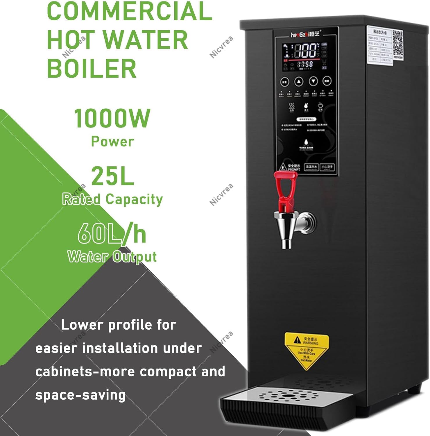 1000W Commercial Hot Water Dispenser Countertop, 25L(6.6Gal) /H Step-Heating Stainless Steel Water Boiler with Temperature Adjust for Boba Tea Office Restaurant Hotel Black