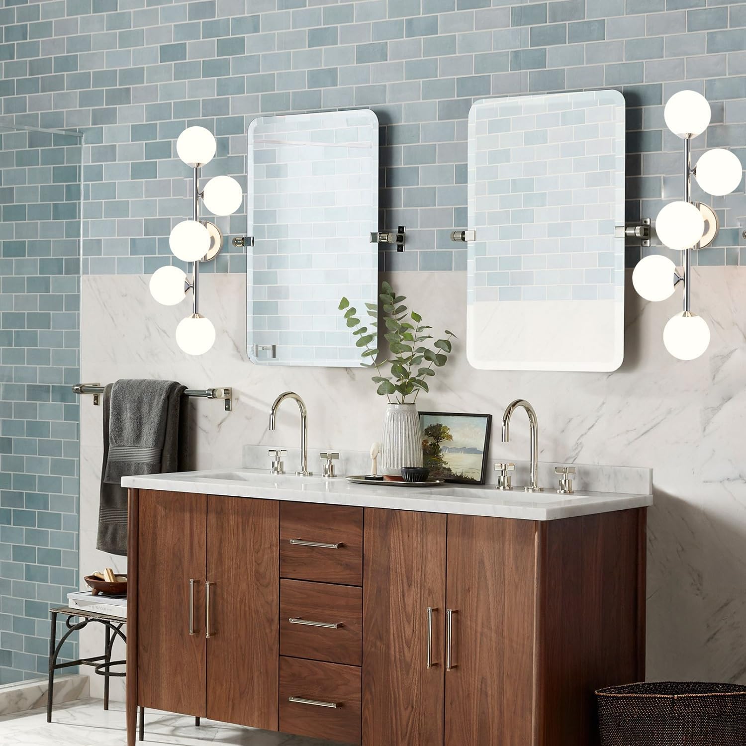 Mid Century Modern Bathroom Vanity Lights - 5-Light Chrome Dimmable LED Fixtures with Frosted Milk Glass, Wall Sconces Included