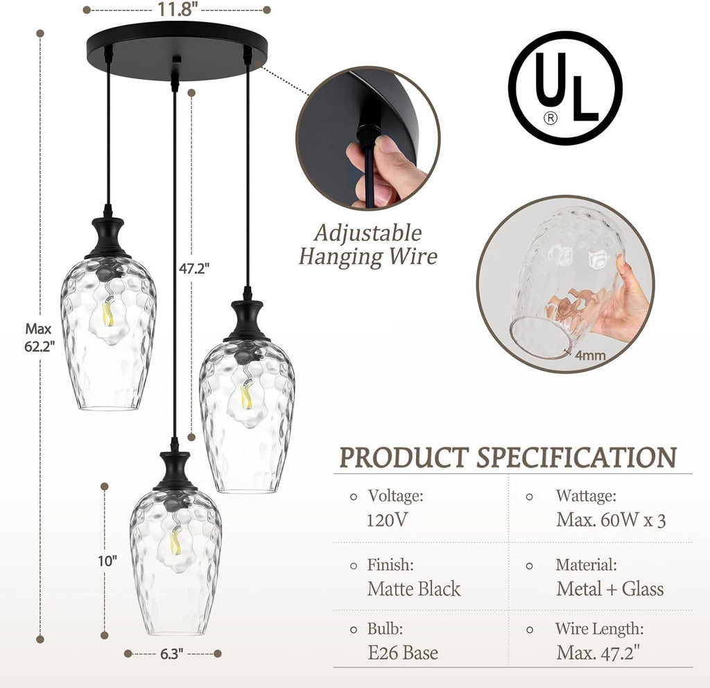 3-Light Pendant Lighting, Black Dining Room Chandelier Light Fixture Over Table with Hammered Glass, Modern Cluster Hanging Lights for Kitchen Island Sink, E26