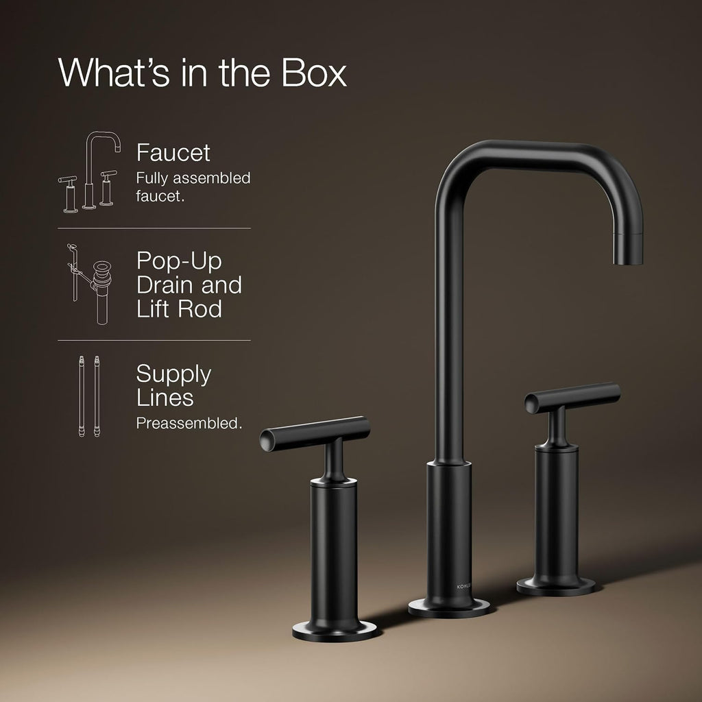 KOHLER K-14408-4-BL Purist® Widespread Bathroom Sink Faucet, 3-Hole, Widespread High Lever Handles and High Gooseneck Spout, 1.2 GPM, Matte Black