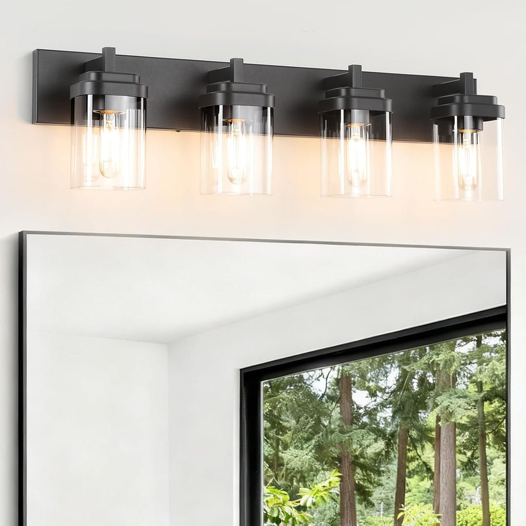 4-Light Vanity Light Fixture, Bathroom Wall Sconces, Bathroom Vanity Lighting Over Mirror | Square Clear Glass Shade | Bulbs Not Included | E26 Socket | Black