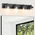 4-Light Vanity Light Fixture, Bathroom Wall Sconces, Bathroom Vanity Lighting Over Mirror | Square Clear Glass Shade | Bulbs Not Included | E26 Socket | Black
