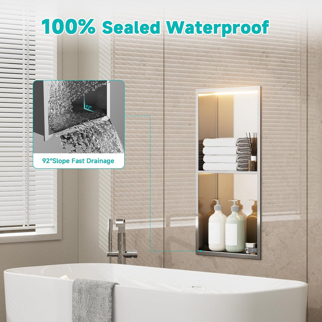 Stainless Steel LED Lights Shower Niche 12'x24' - No Tile Needed Double Shelves Recessed Wall Niche for Bathroom Storage, Brushed