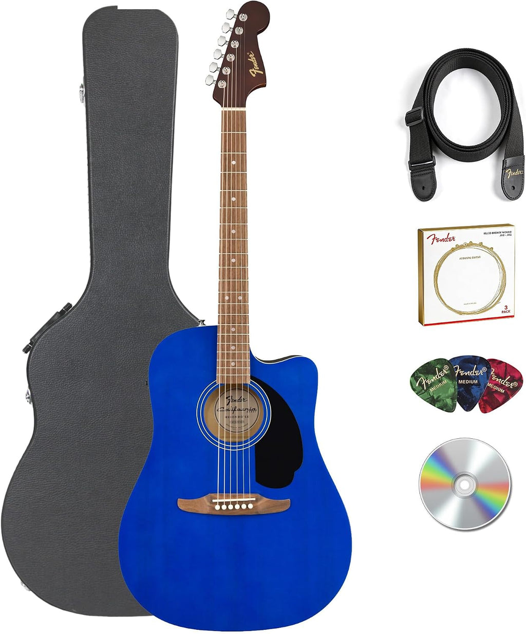 Fender California Redondo CE Acoustic-Electric Guitar - Saphire Blue Bundle with Hard Case, Strap, Strings, Picks, and Austin Bazaar Instructional Video