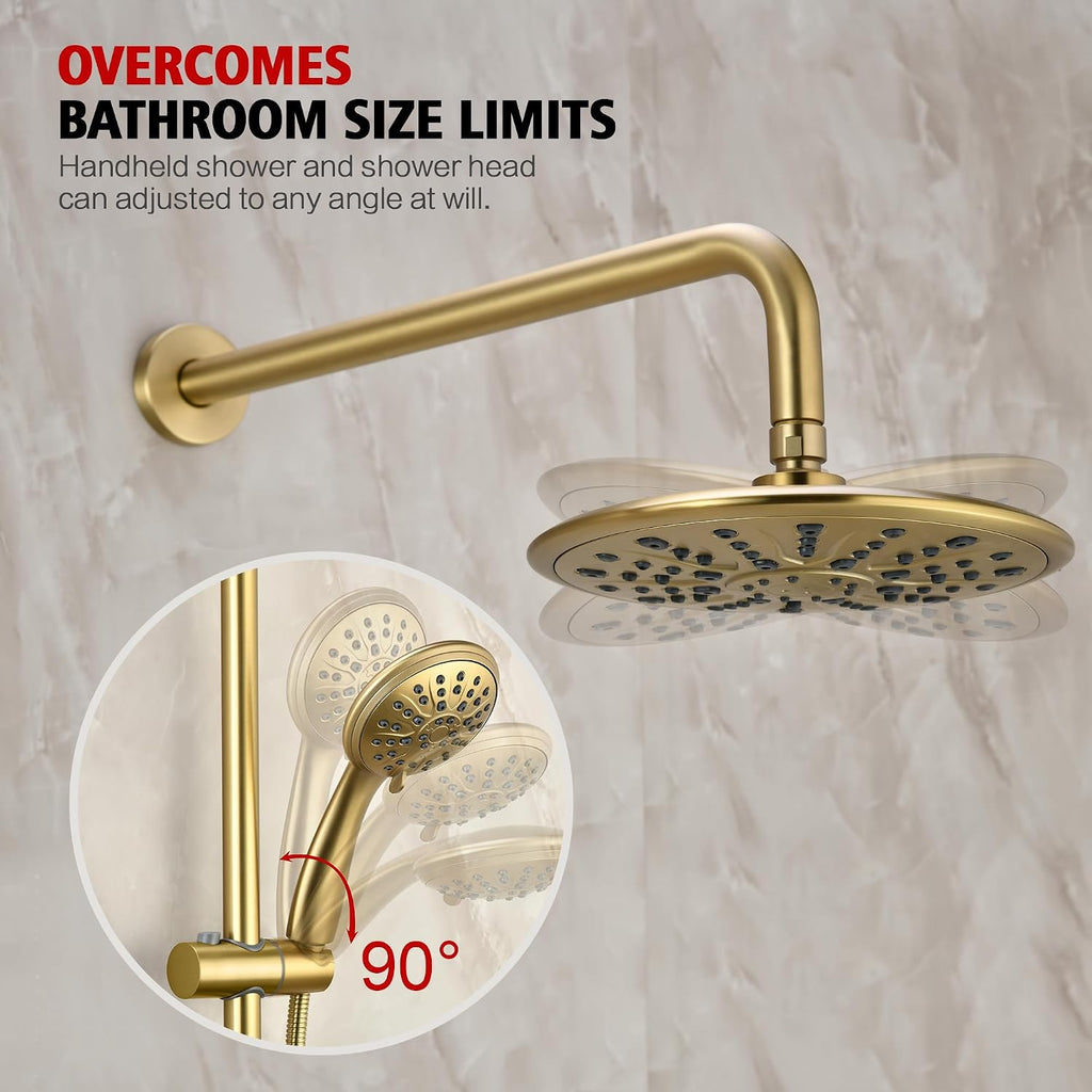 sumerain Shower System set with High Pressure Multi-modes Shower Heads and Handheld, Brushed Gold Rainfall Shower Faucet Complete with Slide Bar, Included Valve and Trim Kit