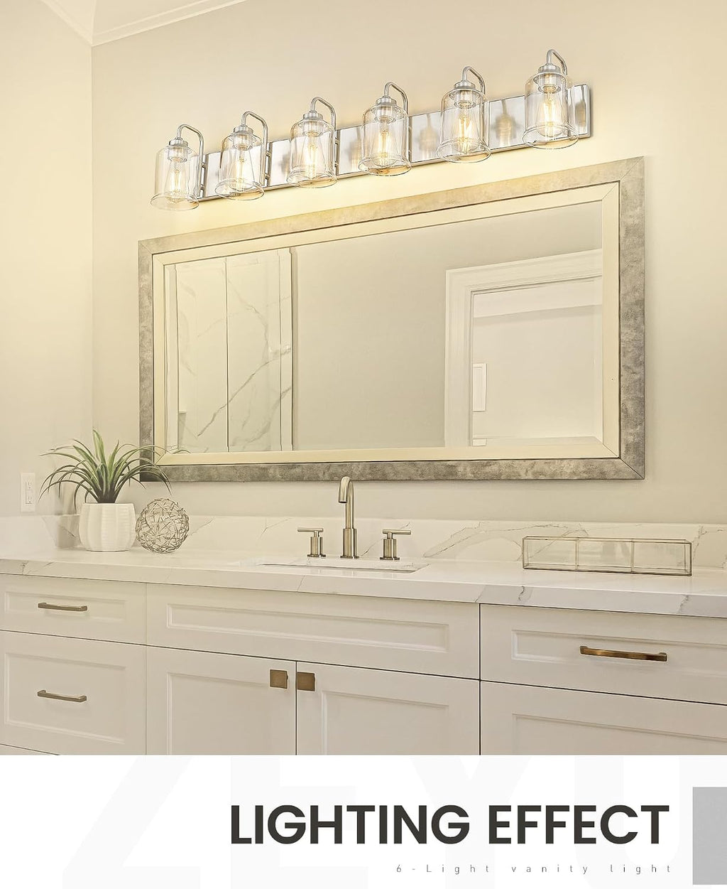 zeyu 6-Light Bathroom Wall Light Fixture, 44 Inch Modern Nickel Vanity Lighting Fixtures for Bedroom, Brushed Nickel Finish with Clear Glass Shade, ZSL72B-6W BN