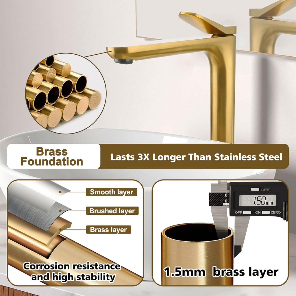 12 Inch Tall Vessel Sink Faucets - Hoanmpy Bathroom Faucet,Modern 22° Angle Outflow Nozzle Handle One Hole Bathroom Vanity Faucets - Brass Lavatory Faucets Brushed Gold