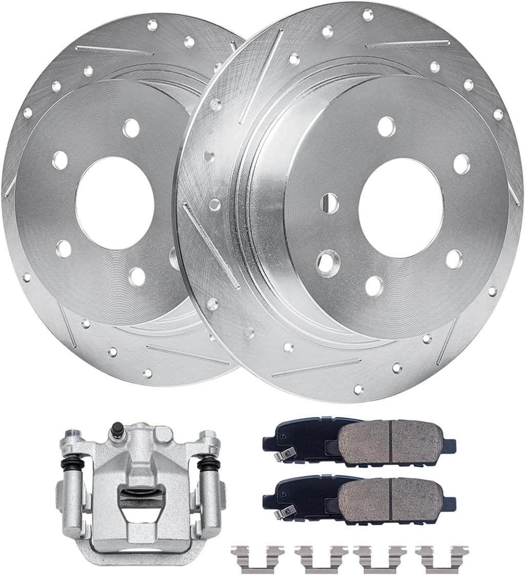 Detroit Axle - Rear Brake Kit for 2002-2018 Nissan Altima 2004-2008 Maxima Drilled Slotted Brake Rotors Brake Caliper Ceramic Brakes Pads 2005 2006 2007 Replacement [11.46 inch Rotors]