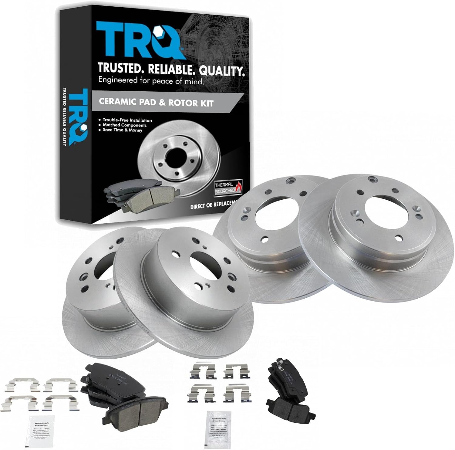 TRQ Front Rear Brake Pad and Rotor Set Ceramic Vented Solid Rotors Compatible with 2011-2015 Hyundai Sonata 2011-2016 Kia Optima