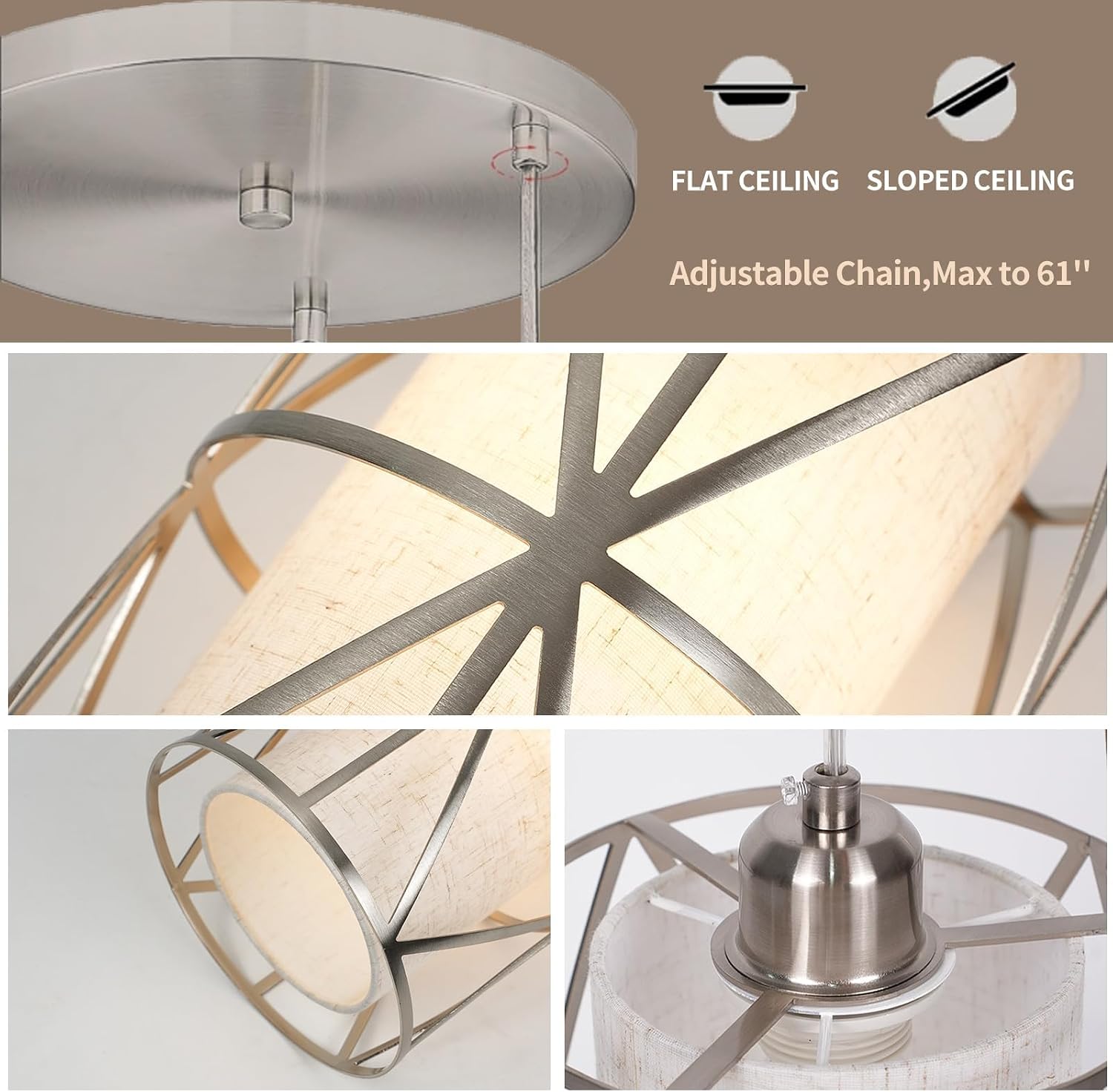 Brushed Nickel 3 Light Chandelier, Adjustable Height Pendant Lights Kitchen Island, Modern Pendant Lights with Linen Shade, Kitchen Light fixtures for Kitchen, Dining Room, Living Room