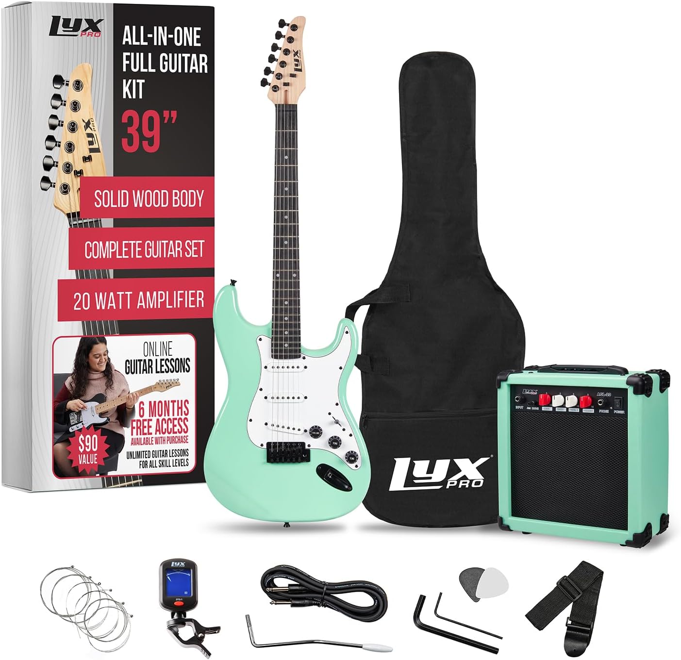 LyxPro 39 inch Electric Guitar Kit Bundle with 20w Amplifier, All Accessories, Digital Clip On Tuner, Six Strings, Two Picks, Tremolo Bar, Shoulder Strap, Case Bag Starter kit Full Size - Green