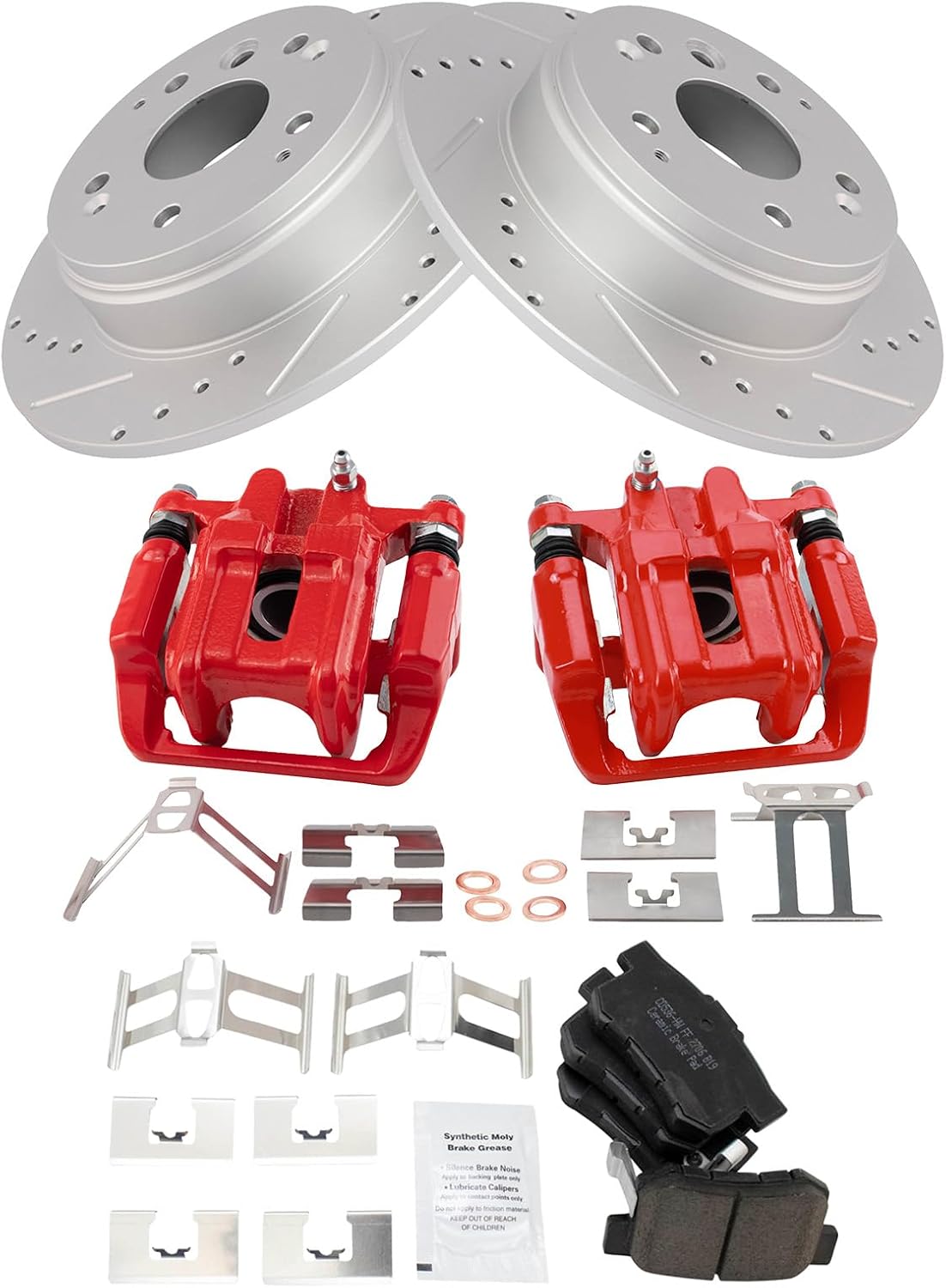 TRQ Rear Performance Brake Pad, Caliper, & Rotor Kit Ceramic Premium G-Coated Red Compatible with 2007-2008 Acura TL 2003-2011 Honda Element