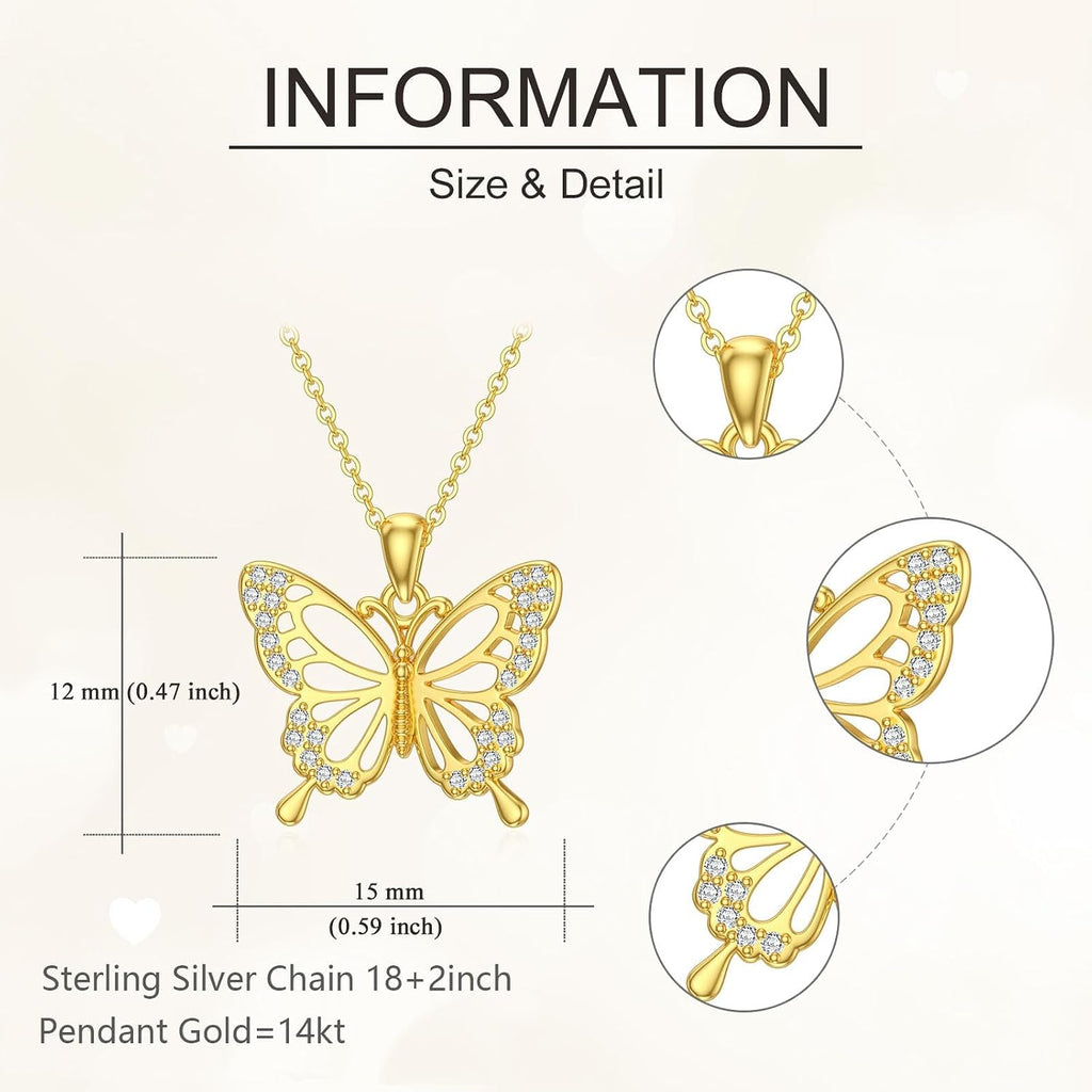DOVRAN Real Solid Gold Birthstone Butterfly/Dragonfly/Bee/Hummingbird Necklace for Women Yellow Gold Animal Pendant for Christmas Dainty Jewelry Birthday Gifts for Mom Wife