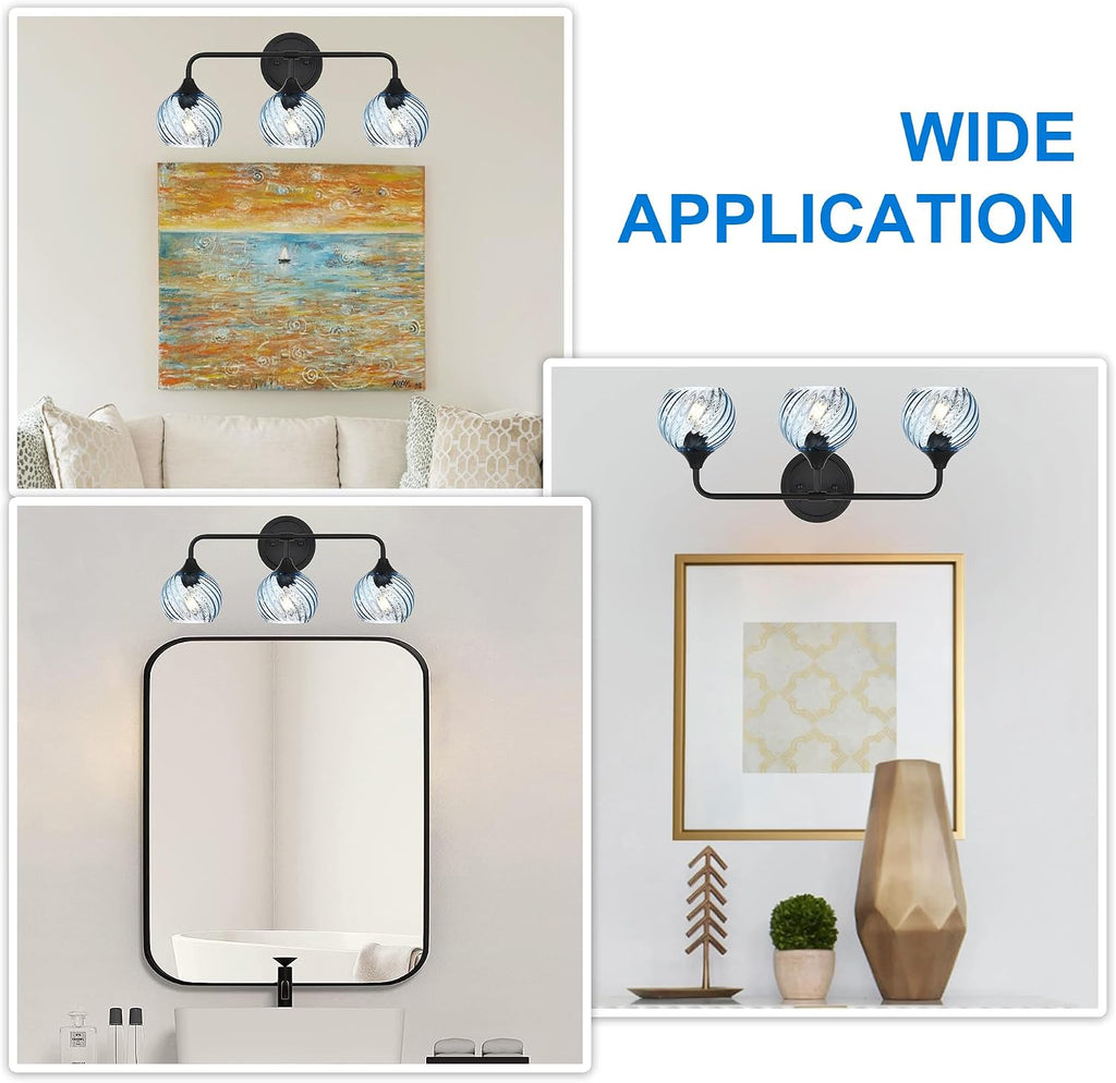 MELUCEE 25 Inch Bathroom Light Fixtures Black, 3-Light Vanity Lights with Blue Striped Swirl Glass Shade, Mid-Century Modern Bathroom Vanity Light Over Mirror