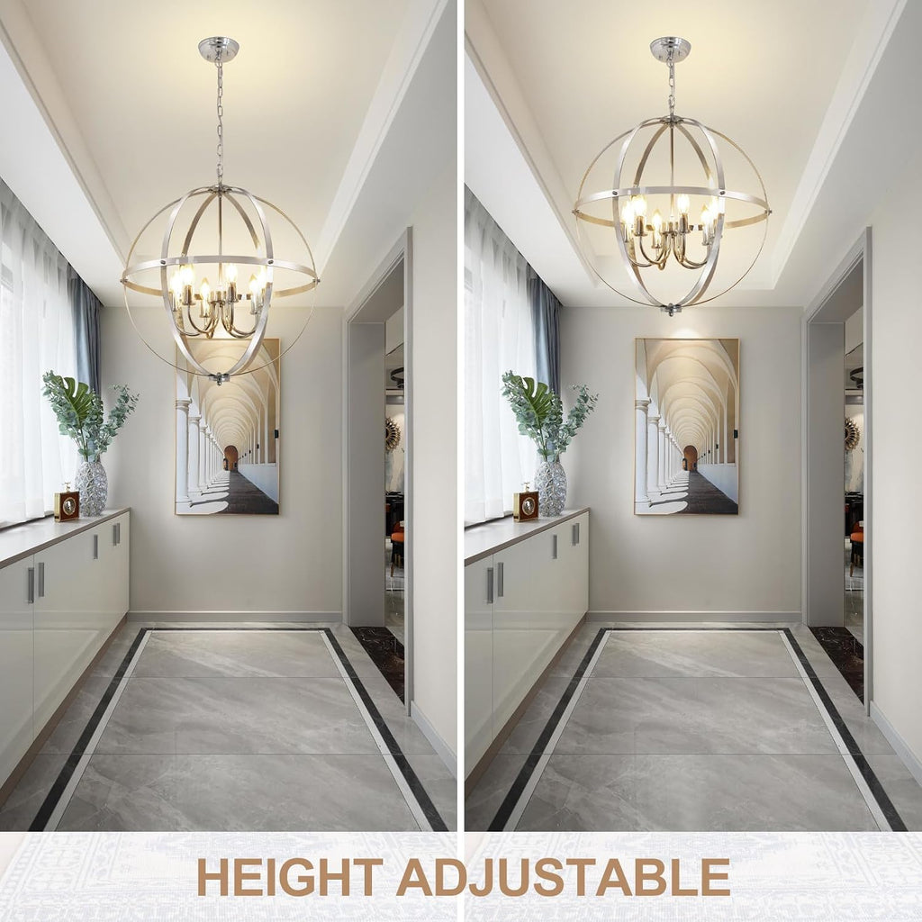 DLLT 6-Light Chrome Globe Pendant Light Fixtures, Industrial Sphere Pendant Lighting Over Island for Dining Room Foyer
