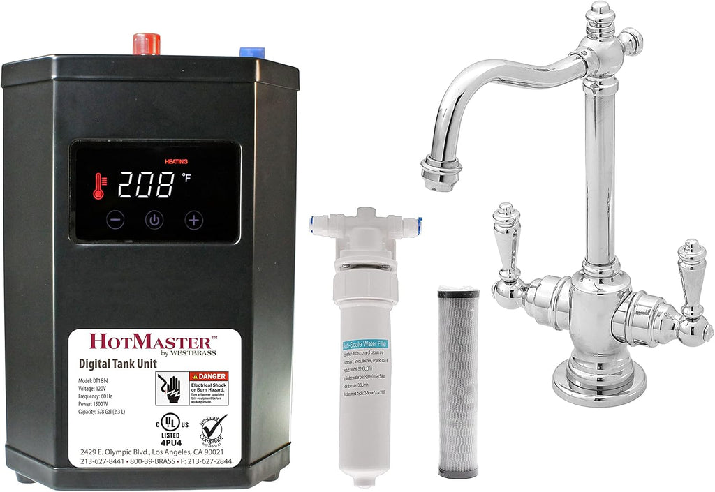 Westbrass DT1F205-26 Victorian 9 in. Instant Hot and Cold Faucet with HotMaster DigiHot Digital Tank System Water Dispenser, Polished Chrome