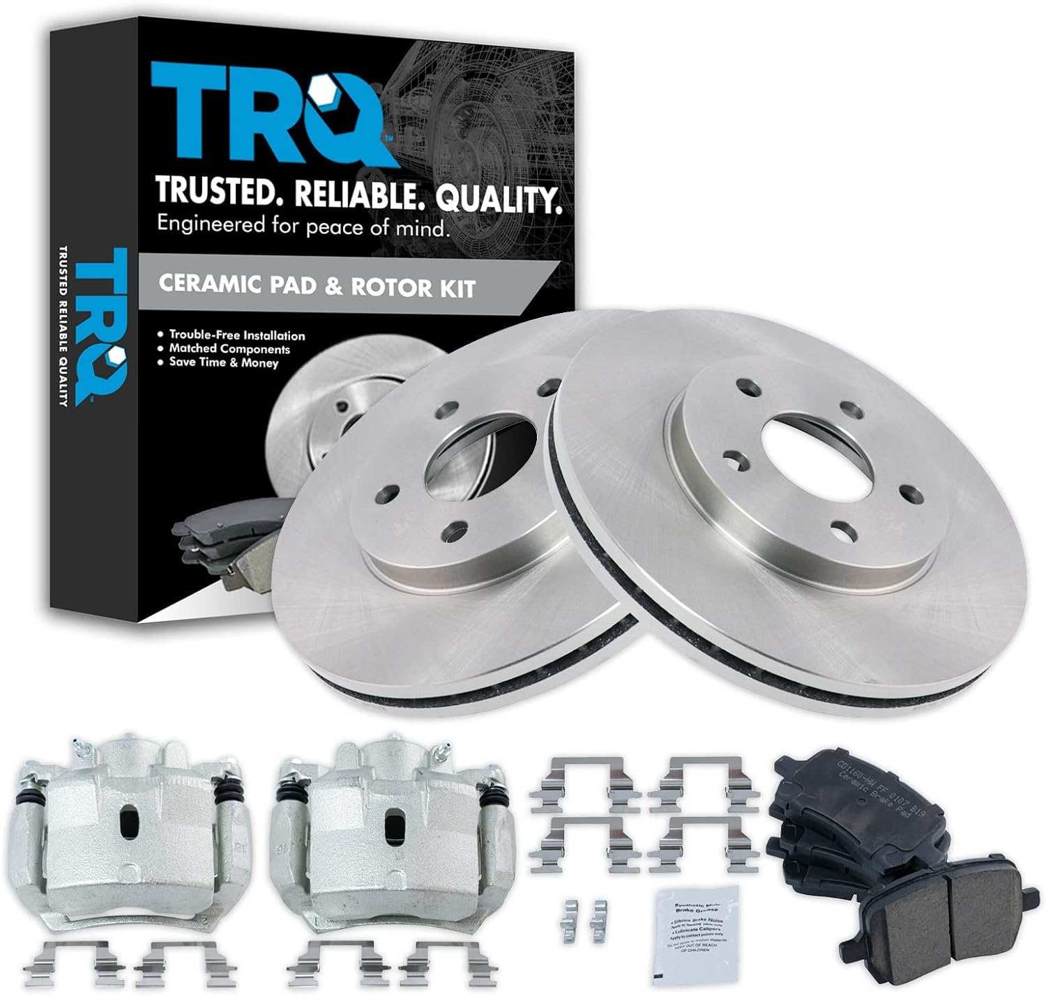 TRQ Front Brake Pad and Rotor Set Ceramic Vented Rotors Calipers Compatible with 2008-2007 Chevrolet Malibu 2007 Pontiac G6