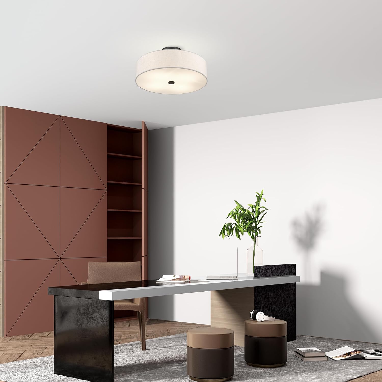 Livex Lighting 52136-92 Meridian Collection 4-Light Transitional Ceiling Mount Fixture with Oatmeal Color Fabric Hardback Shade, English Bronze