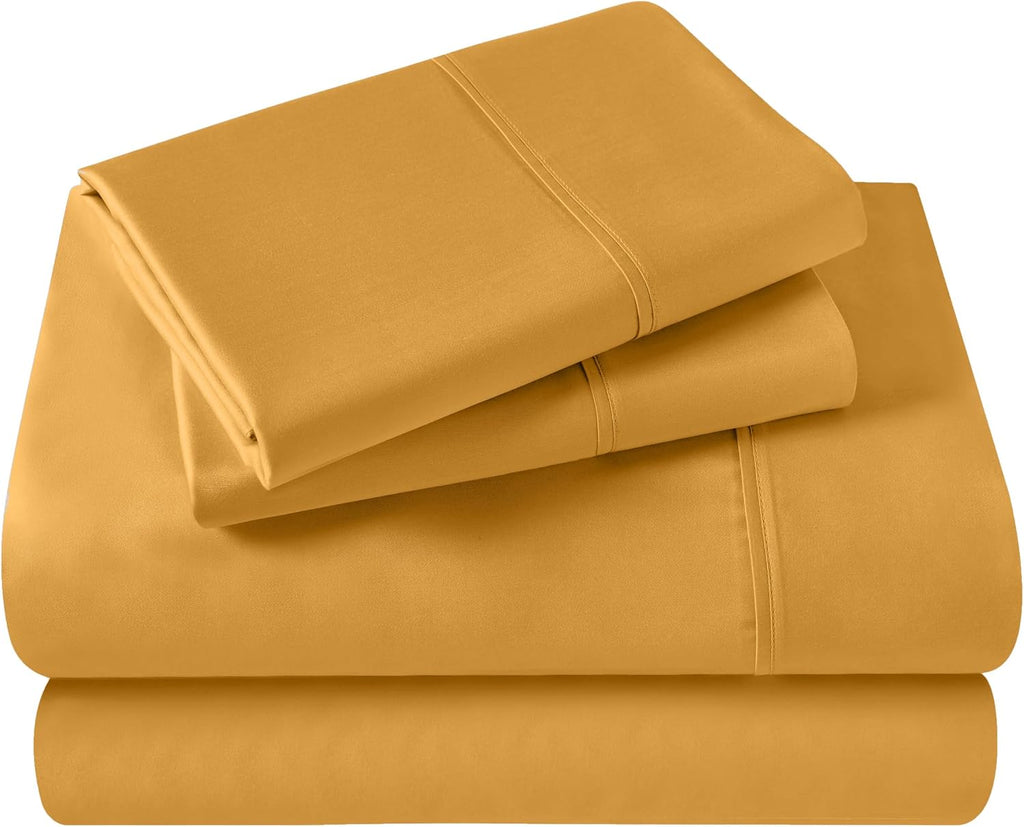 Superior Egyptian Cotton 400 Thread Count Bed Sheet Set, 1 Elastic Deep Pocket Fitted Sheet, 1 Flat Sheet, 2 Pillowcases, Soft Bedding, Luxury Sheets, Sateen Weave, Full Size, Gold