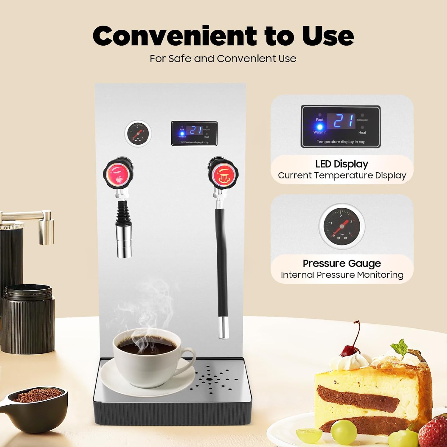 Commercial Milk Frother, 8L/2.1Gal 2500W Electric Steam Boiler Automatic Coffee Frothing Machine, Milk Steamer Hot Water Dispenser with Digital Display, L10.2xW11xH22.5in