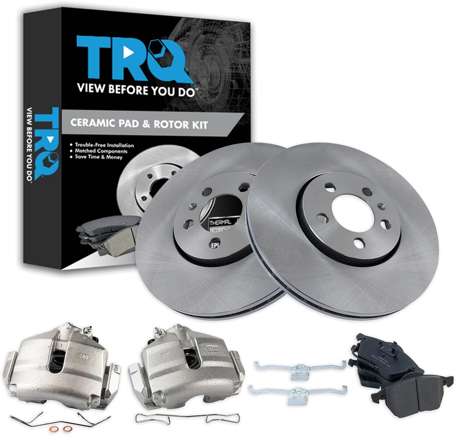 TRQ Front Brake Pad and Rotor Set Ceramic Vented Rotors Calipers Compatible with 2005 Volkswagen Jetta