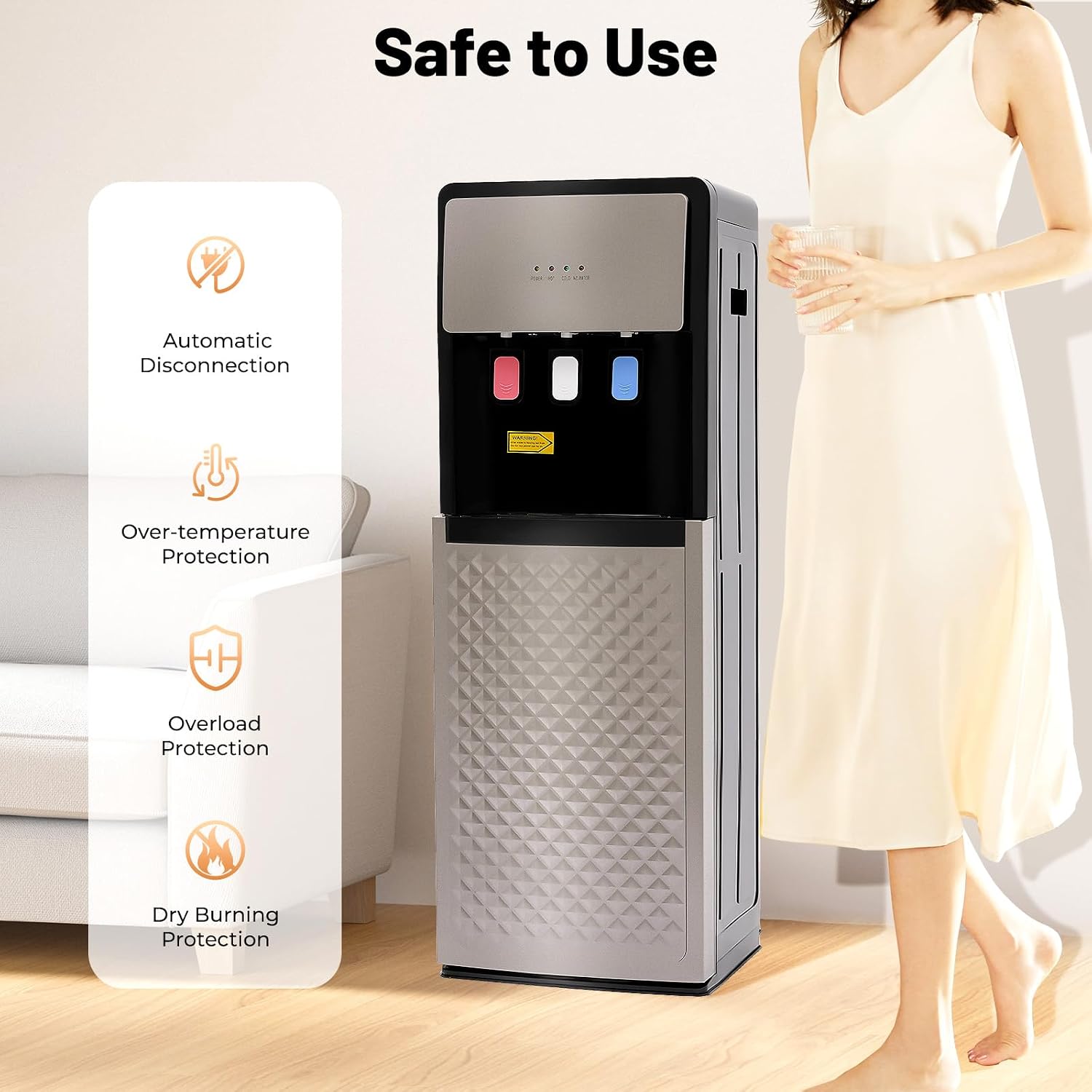 500W Bottom Loading Water Dispenser with 3 Temperature Settings, Hot & Cold Standing Water Dispenser Storage Cabinet Drinking Fountain for Home, Office, Holds 3 or 5 Gallon Bottles (Silver Grey)