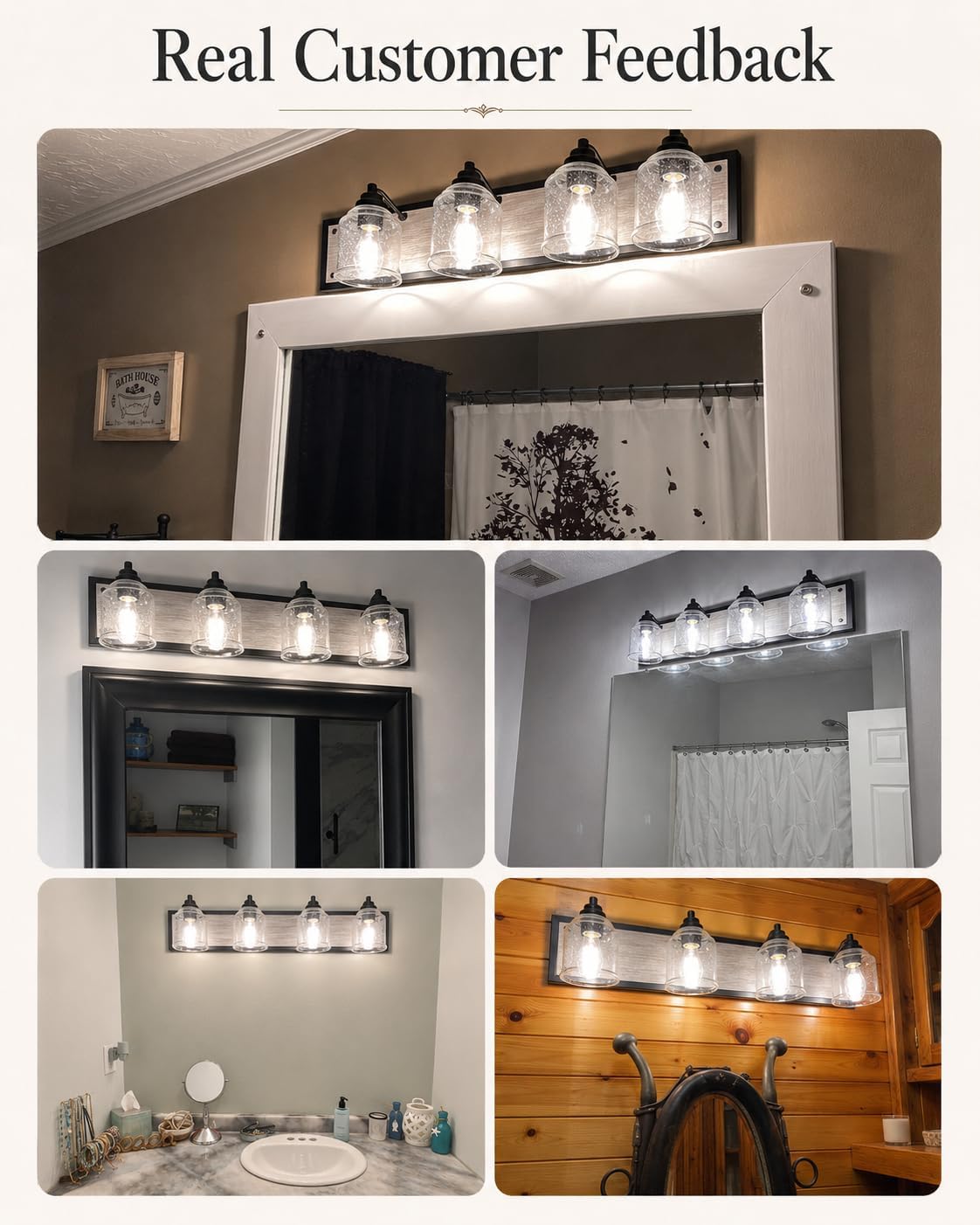 31.5 in. Large 4-Light Vanity Lights for Bathroom, Farmhouse Rustic Bathroom Lighting Fixtures Over Mirror with Bubble Glass Shades, Gray Wood-Look Metal Bath Wall Sconce Home Decor