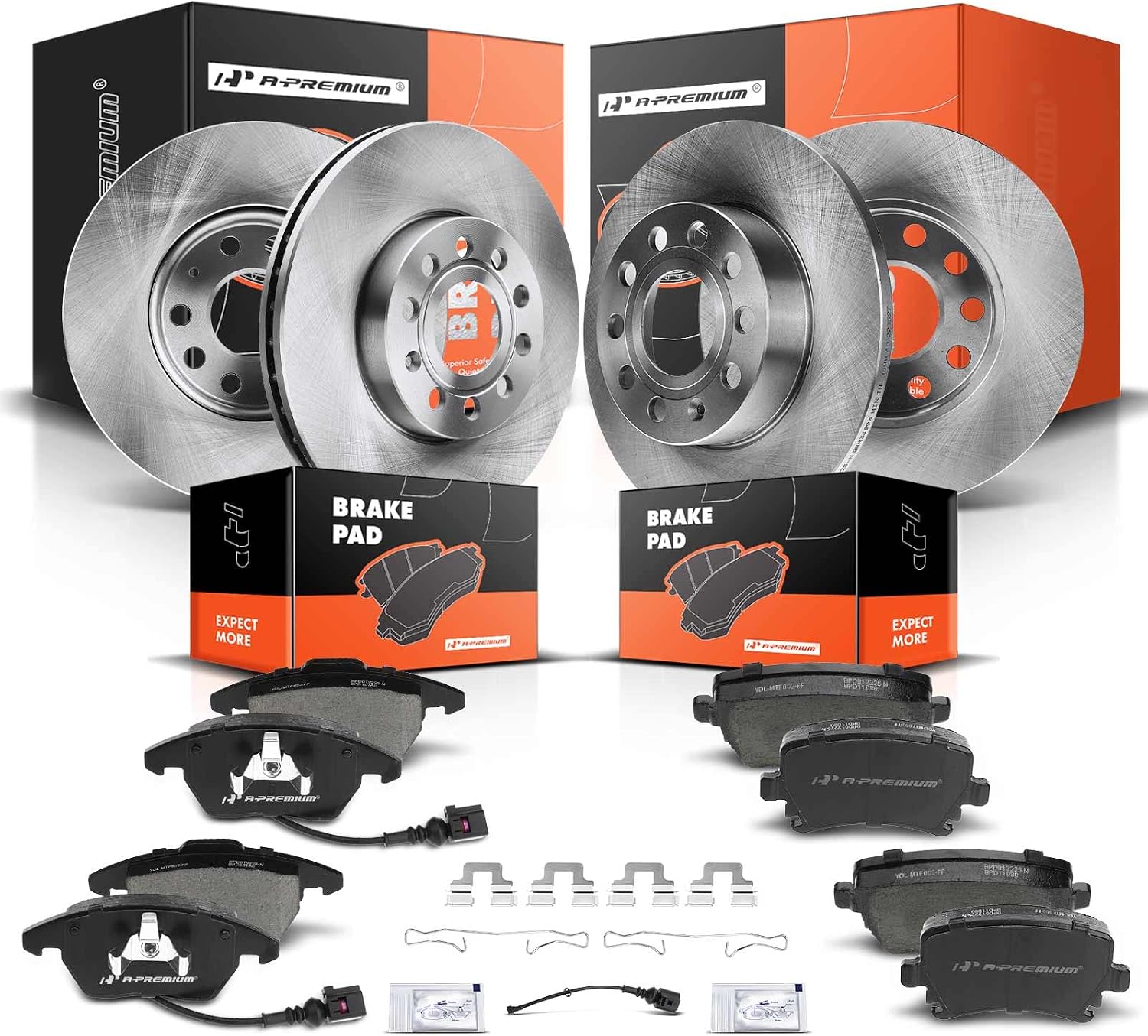 A-Premium Front Vented & Rear Solid Disc Brake Rotors + Ceramic Pads Kit Compatible with Select Volkswagen Models - Golf 2010/2012, For Jetta 2005-2010, Rabbit 2006-2009, 12-PC Set
