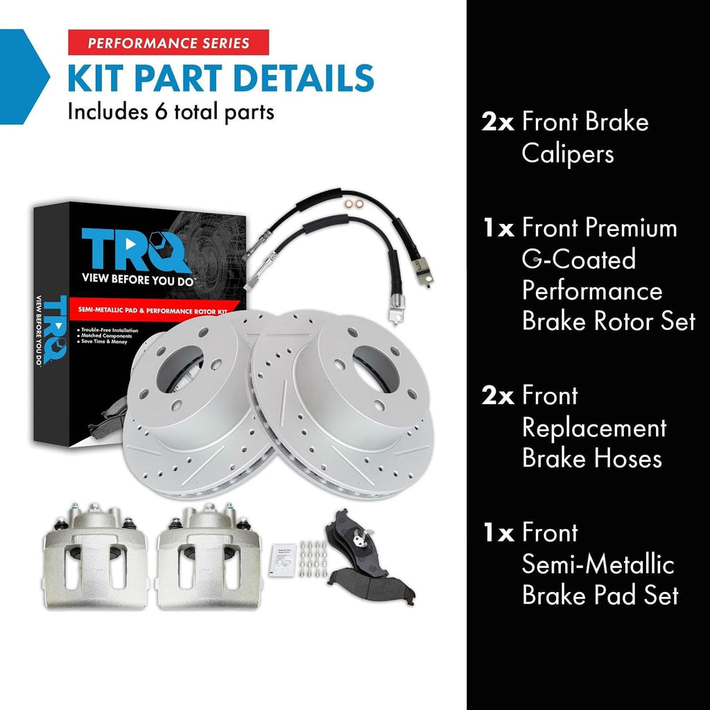 TRQ Performance Front Brake Pad and Rotor Set Semi Metallic Coated Rotors Calipers Compatible with 1990-1998 Jeep Cherokee 1990-1992 Comanche 1993-1998 Grand Cherokee 1990 Wagoneer 1997-1999 Wrangler