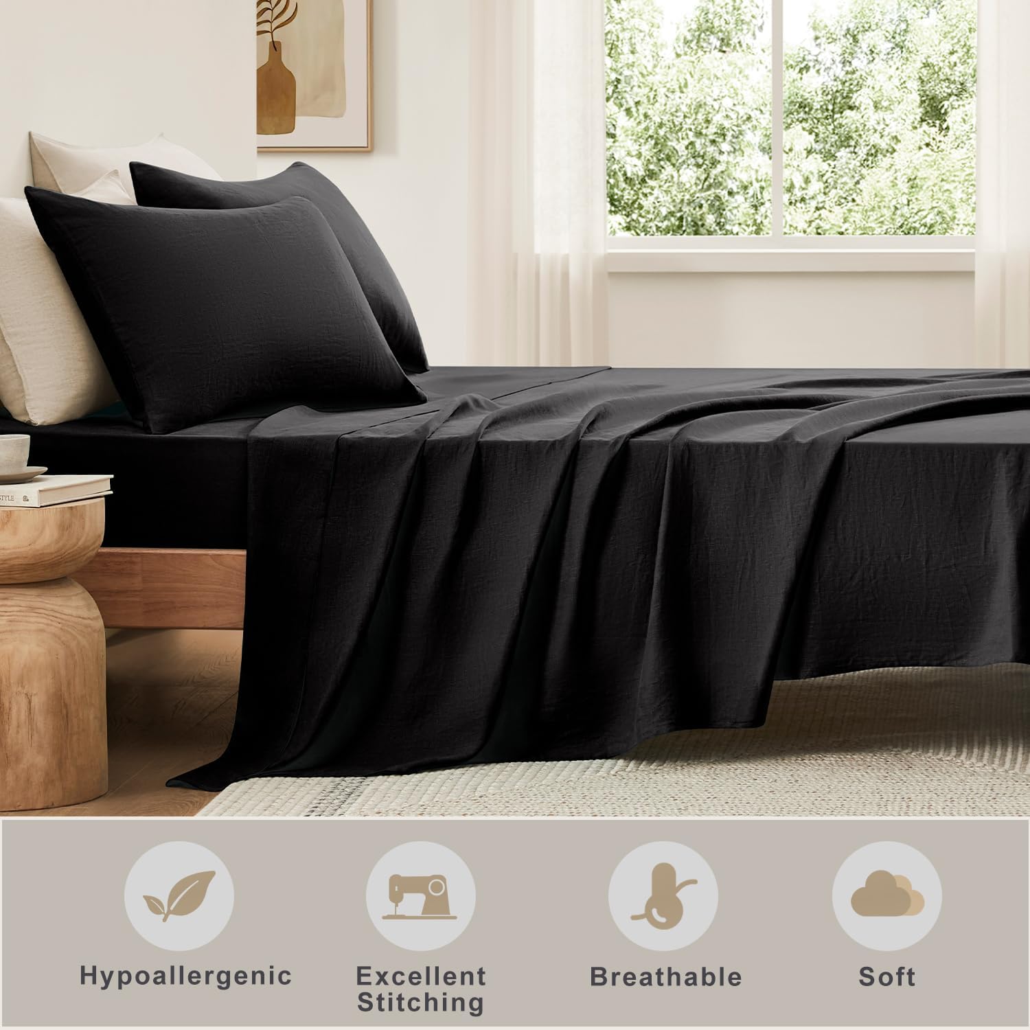 TOSMO Pure Linen Sheets Set, 100% French Natural Linen Flax Bedding 4pc Set (Full, 1 Flat Sheet, 1 Fitted Sheet, 2 Pillowcases) - Black